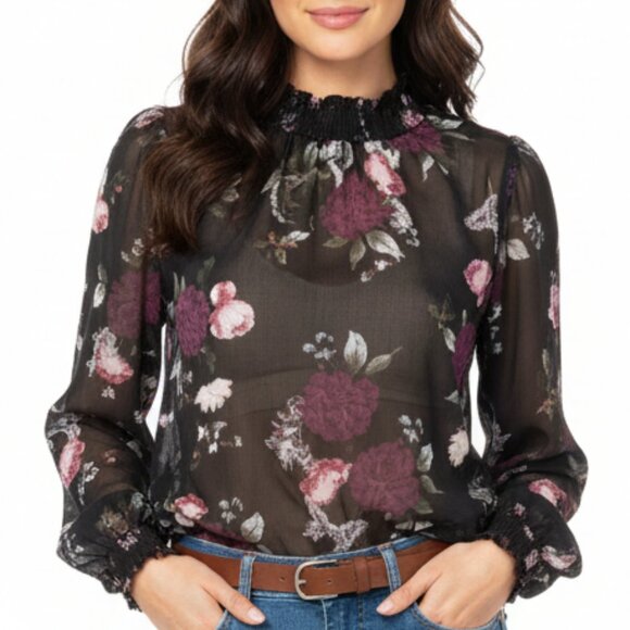 NWT Torrid Floral Sheer Chiffon Blouse, Sz 0/L (12) | Smocked Mock Neck & Cuffs - Picture 3 of 7